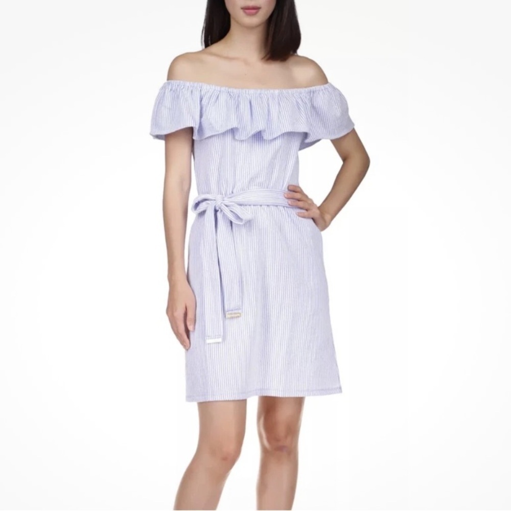 Michael Michael Kors Ruffled Off-The-Shoulder Seersucker Dress Tie Belt Size 2x